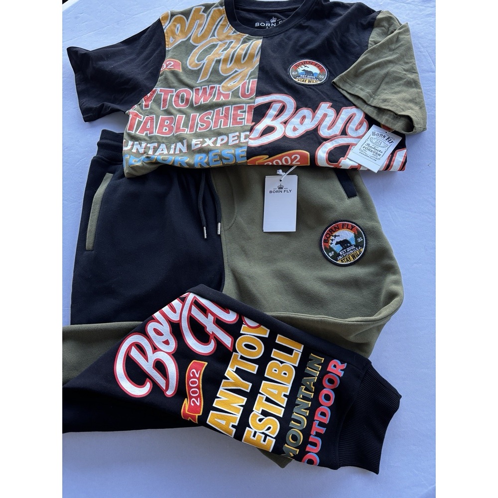 Born Fly Men's Matching Set L Olive Black Joggers & Graphic T-Shirt NWT‎